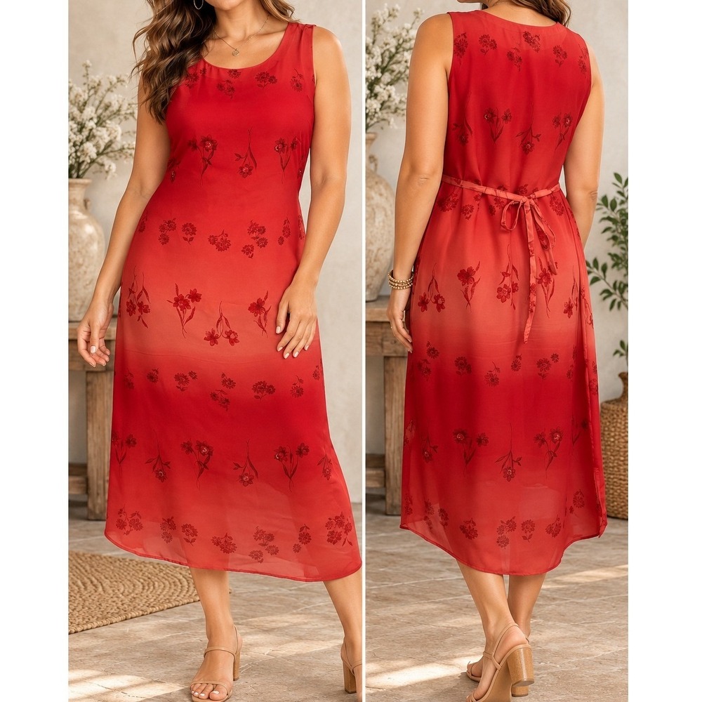 M.H.M. Melissa Harper Dress Red Floral Chiffon Vintage Y2K Cottage Romantic 10